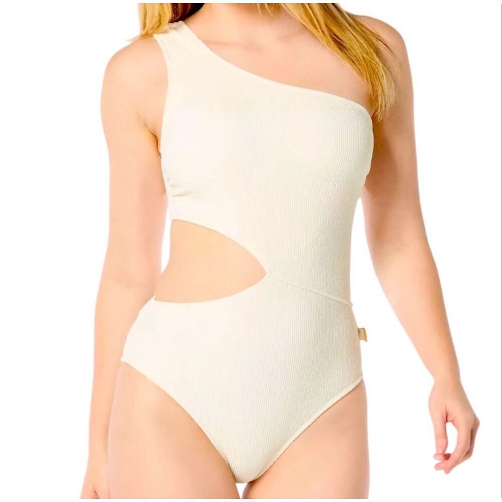 Michael Kors Bone Cream One-Shoulder Side-Cutout Swimsuit NWT - Picture 2 of 3